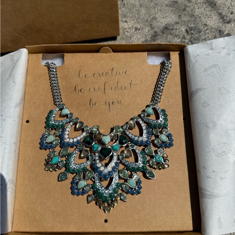 Chloe + Isabel Statement Bib Necklace | Silver Blue Green Opal Gemstones | NWT